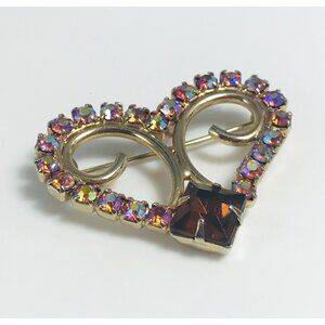 Vintage Heart Brooch Aurora Borealis Rhinestones Amber Gold Tone